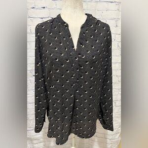 The Limited Black & Beige Print Top Blouse Long Sleeve/roll Tab Size XL
